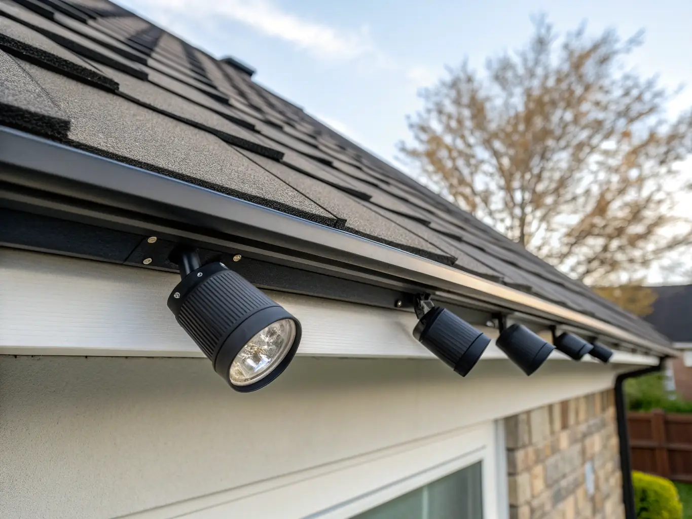 A close-up of Everlit's LED track lights installed along the roofline of a house, highlighting their seamless integration and sleek design.