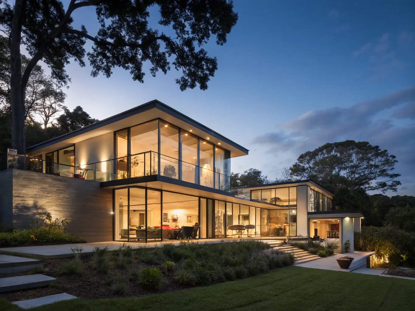 A beautifully lit modern home at night, showcasing Everlit's LED track lights enhancing its architectural features and creating a warm, inviting ambiance.