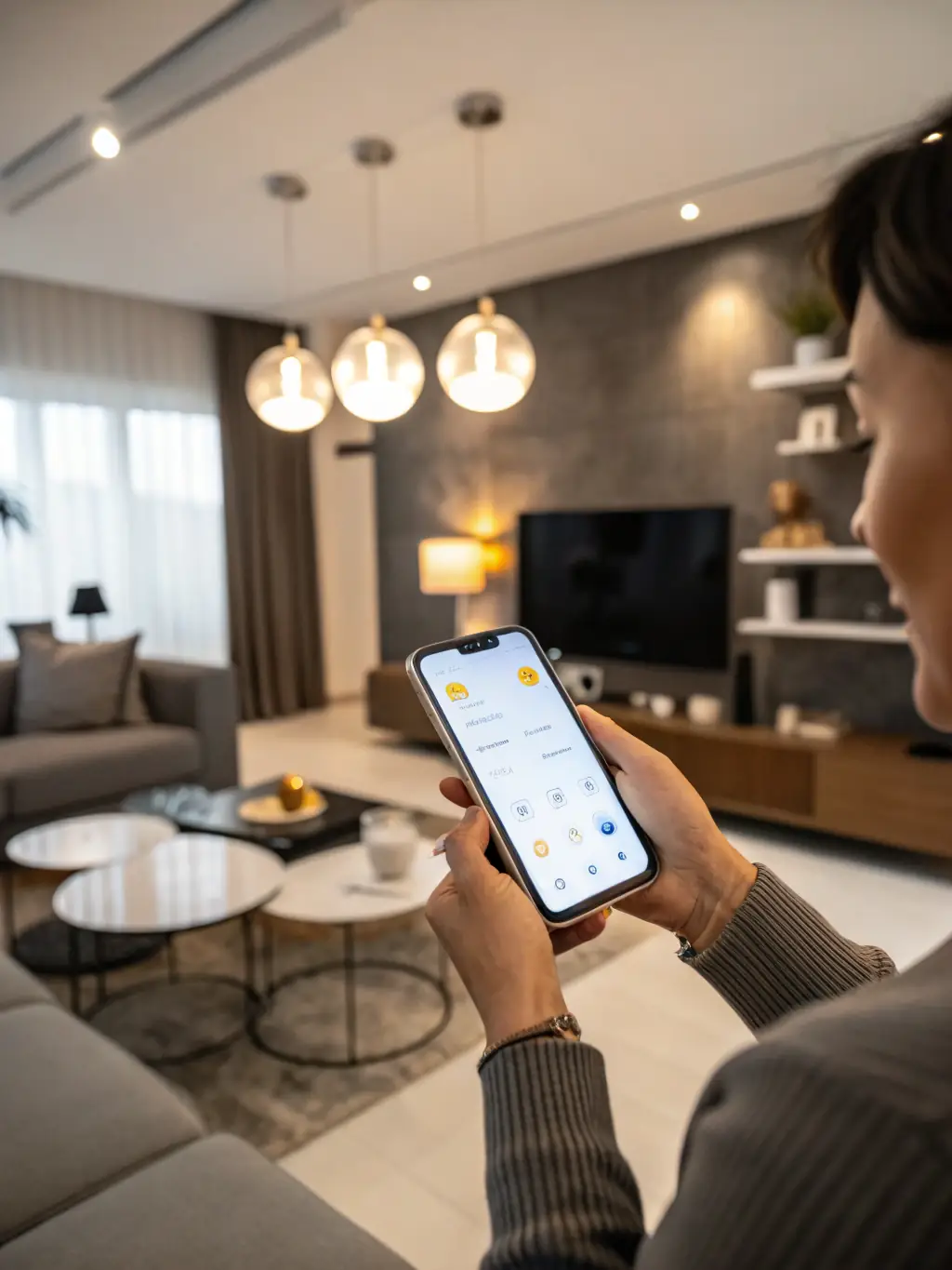 A homeowner using the Everlit app on their smartphone to customize the color and brightness of their LED track lights, showcasing the user-friendly interface.