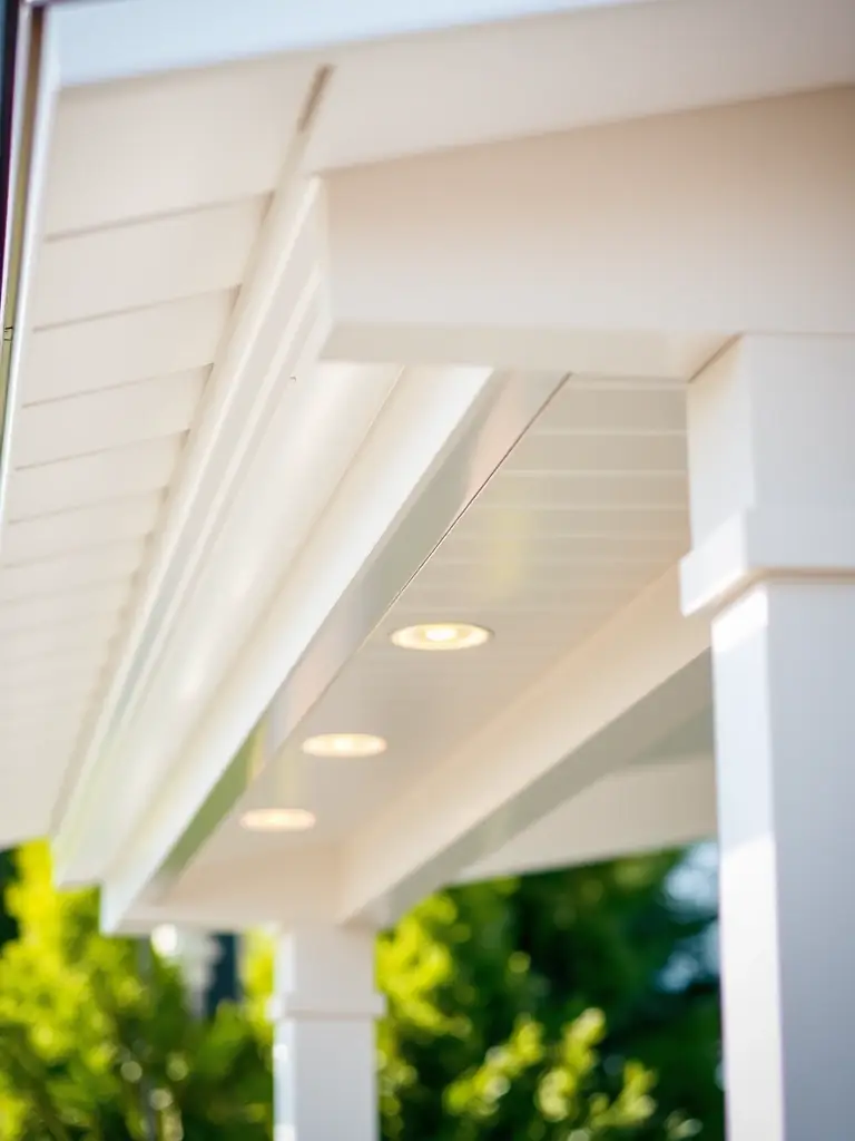 Close-up of Everlit LED track lights installed under the eaves of a house, demonstrating their seamless integration and discreet design.