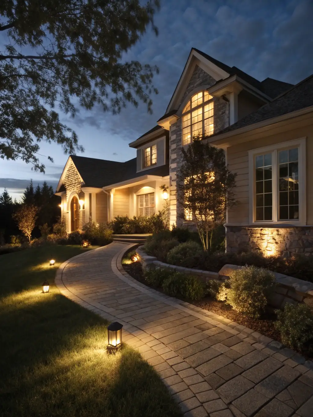 Everlit LED track lights displaying a cool blue color, creating a modern and sophisticated look, enhancing the architectural details of the house.