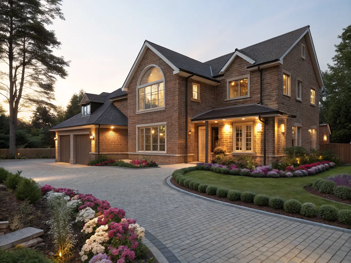 A modern home exterior at dusk, showcasing Everlit's LED track lights illuminating the facade with a warm, inviting glow, highlighting architectural details and enhancing curb appeal.