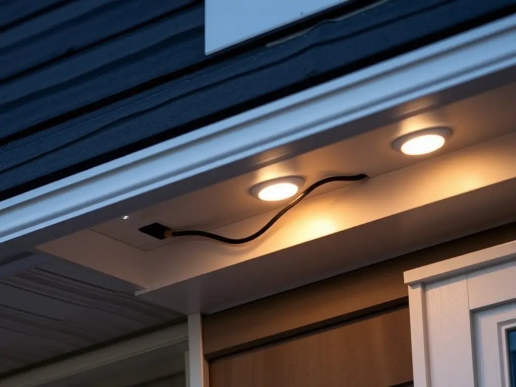 A close-up shot of Everlit's LED track lights seamlessly integrated into the eaves of a home, demonstrating the discreet and elegant design that blends with the architecture.