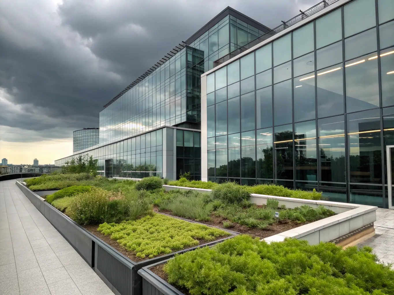 A contemporary office building at night, featuring Everlit's LED track lights providing bright, even illumination across the facade, enhancing visibility and creating a professional atmosphere.